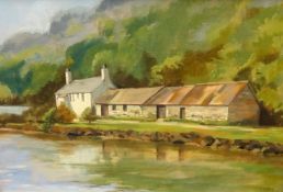 A collection of art to include Vi Harris 'The Creek' oil, Clem Spencer (Plymouth) oil, two silk Thai
