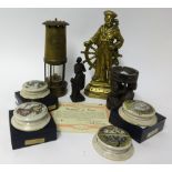Old miners lamp, marine figure brass door stop, small metal sculpture 'Joan of Arc' , carving and