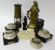 Old miners lamp, marine figure brass door stop, small metal sculpture 'Joan of Arc' , carving and