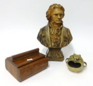 A plaster bust, Beethoven, height 32cm, together with a Deco style carved wood tobacco box and a