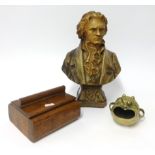 A plaster bust, Beethoven, height 32cm, together with a Deco style carved wood tobacco box and a