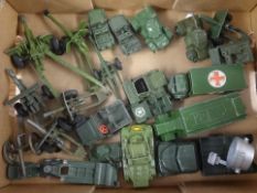 A collection of (21) miscellaneous play worn military items by Dinky, Britains, Crescent, Lone
