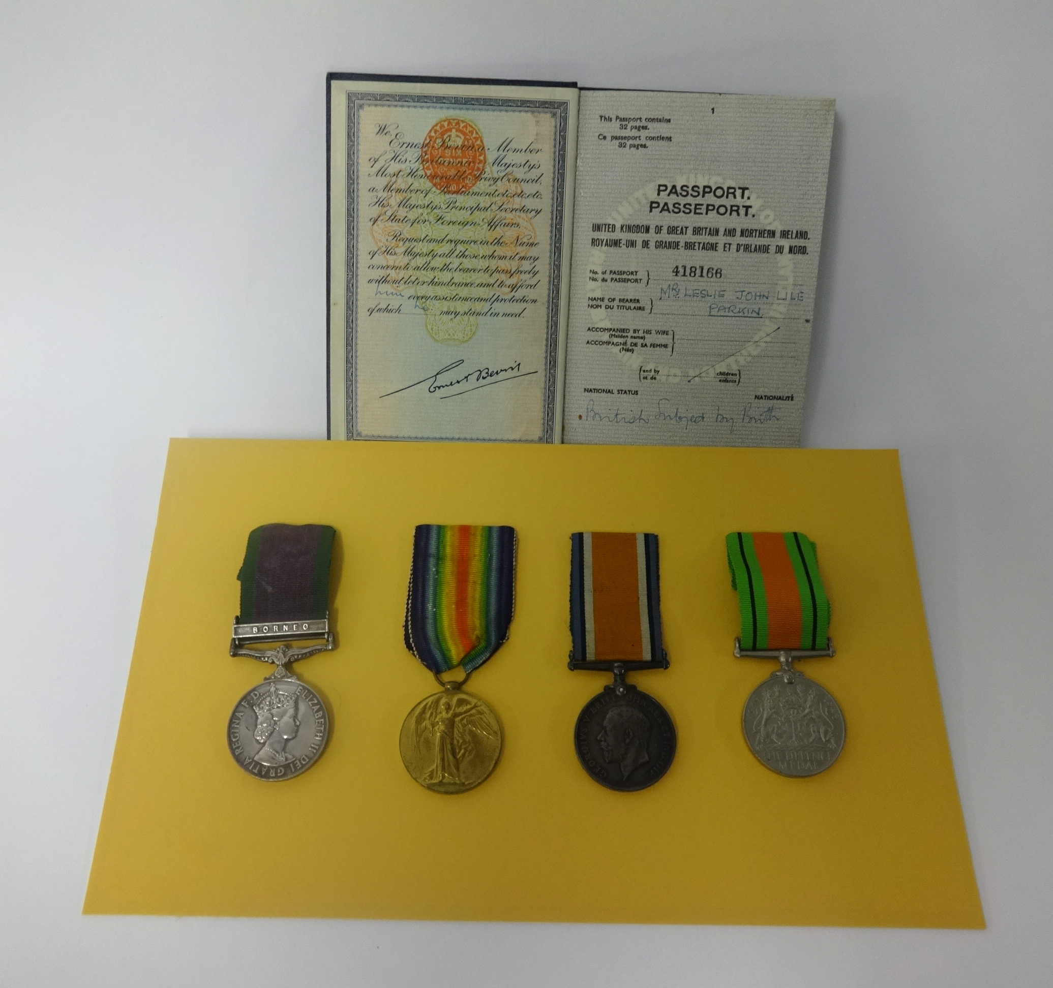 First World War pair of medals awarded to Lesley John Parkin, a defence medal and also a Queen