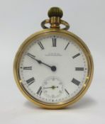 Waltham, a keyless and open face pocket watch in gilt metal case.