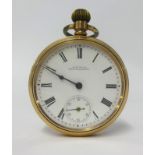 Waltham, a keyless and open face pocket watch in gilt metal case.