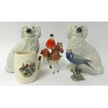 A Jenna style luster bird and a pair of Staffordshire white dogs etc (5).