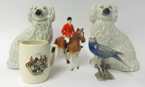 A Jenna style luster bird and a pair of Staffordshire white dogs etc (5).