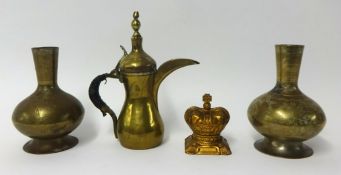 Antique brass middle eastern small coffee pot, pair brass vases and 1953 Coronation Crown money box