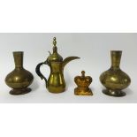 Antique brass middle eastern small coffee pot, pair brass vases and 1953 Coronation Crown money box