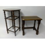Various small oak tables, lightwood plant stand, inlaid wine table etc (6).