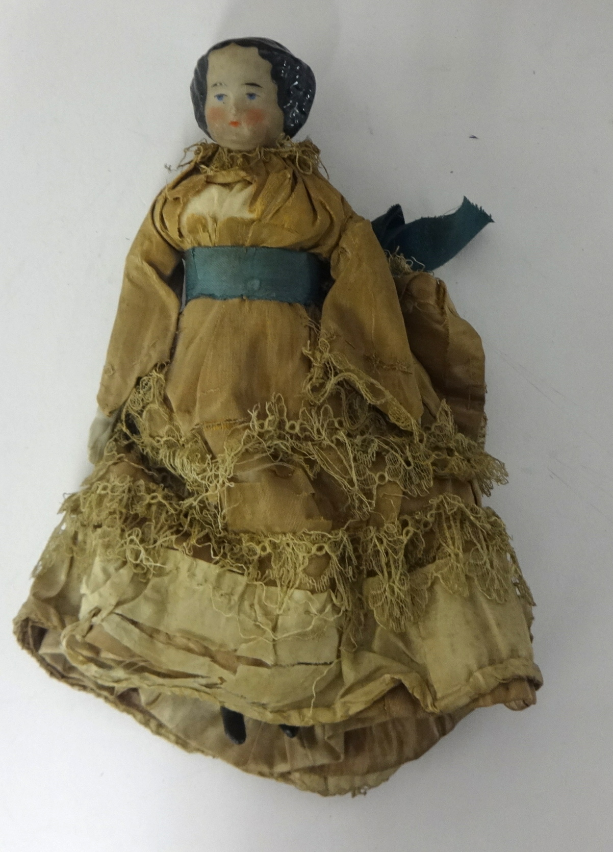 19th Century small doll with china head and shoulders and kid leather body with a rocking crib in - Image 2 of 2