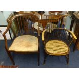 An inlaid mahogany elbow chair and a stained beech wood Windsor chair.