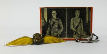 A Royal souvenir 1932 coronation, matchbox holder with Plymouth advert also a air force brooch and a