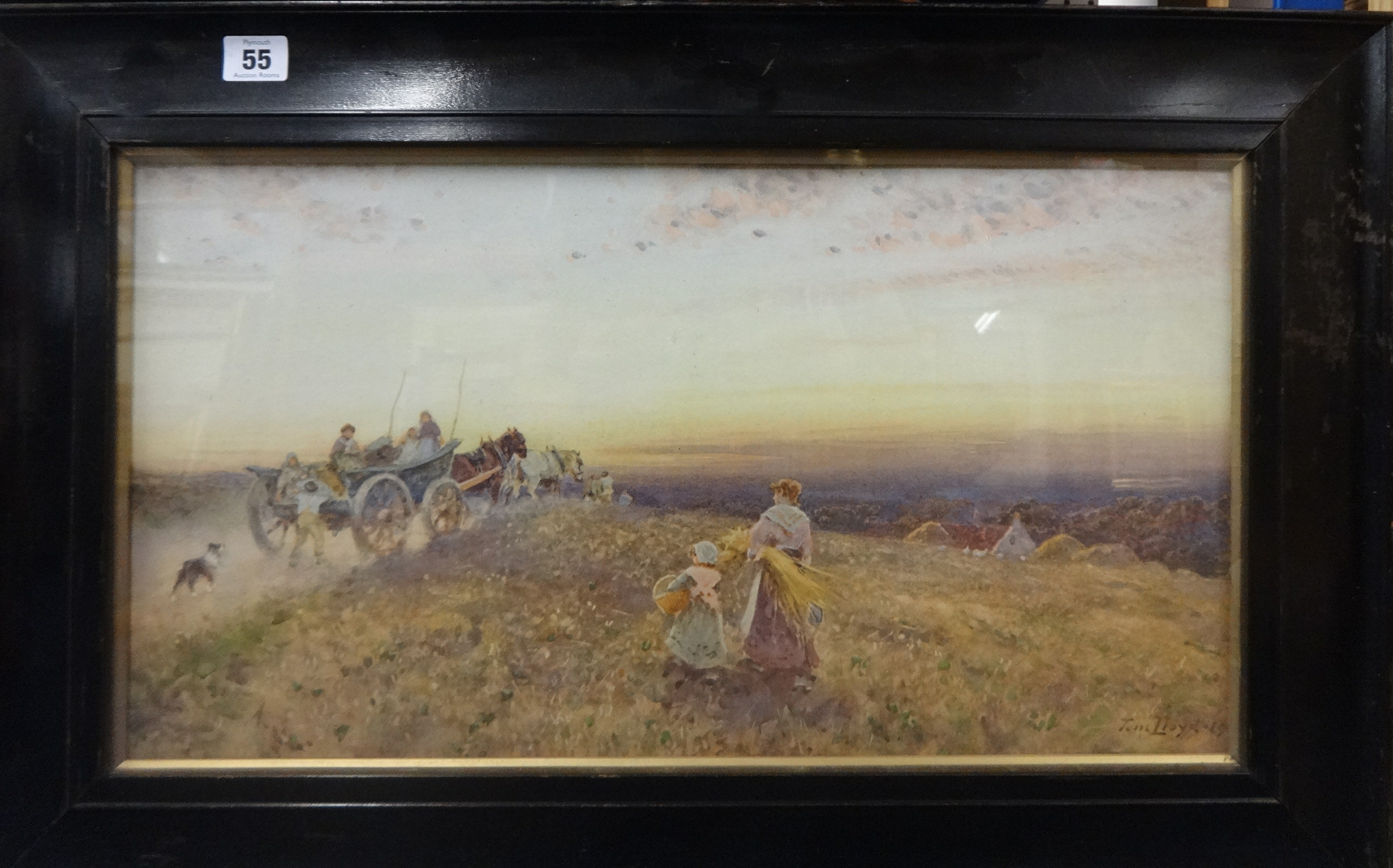 T.Lloyd watercolour signed and dated 1919 'Harvesting' approx 30cm x 50cm (2).