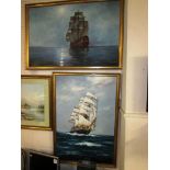 TWO OIL ON BOARDS OF SAILING SHIPS, BOTH SIGNED BY SAME ARTIST