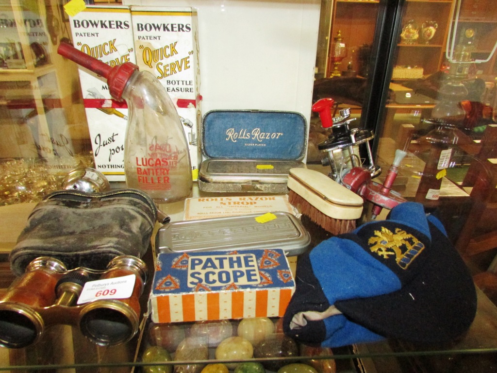 VINTAGE ITEMS INCLUDING ROLLS RAZOR, LUCAS BATTERY FILLER, FISHING REELS, OPERA GLASSES, ETC