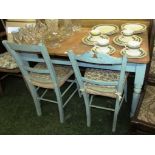 PALE BLUE PAINTED PINE KITCHEN TABLE WITH STRIPPED TOP AND TWO BLUE PAINTED CHAIRS