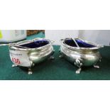 PAIR OF BIRMINGHAM SILVER SALTS WITH BLUE GLASS LINERS AND DATE LETTER FOR 1923, AND TWO SHEFFIELD