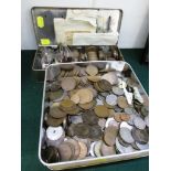 TWO TINS WITH CONTENTS OF BRITISH PRE DECIMAL COINAGE AND OTHER WORLD COINS