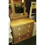 SATINWOOD THREE DRAWER DRESSING CHEST WITH SWING MIRROR AND WHITE CHINA HANDLES