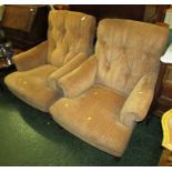 PAIR OF LOW BUTTON BACK ARMCHAIRS WITH SELF PATTERNED UPHOLSTERY ON TURNED WOODEN LEGS