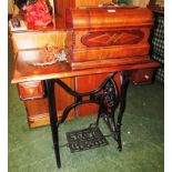 MAHOGANY AND CAST IRON SEWING MACHINE TABLE BY S.DAVIS & CO