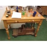 PINE HALL TABLE ON TURNED LEGS WITH FALL FRONT COMPARTMENT HOUSING WRITING SLIDE