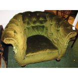 GREEN DRALON VINTAGE BUTTON BACK TUB CHAIR (A/F)