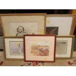 FIVE FRAMED AND MOUNTED PICTURES INCLUDING CHARCOAL DRAWING AND WATERCOLOUR