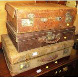 TWO VINTAGE LEATHER TRAVEL CASES AND ONE OTHER TRAVEL CASE (A/F)