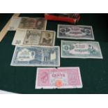 THREE SMALL BOXES OF BRITISH COINS INCLUDING PENNIES AND SIX FOREIGN BANK NOTES