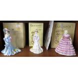 THREE BOXED COALPORT FIGURINES - HIGH SOCIETY 'LADY SARA', GOLDEN AGE 'LOUISA AT ASCOT' AND LADIES