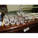 SIX WATERFORD BRANDY GLASSES, THIRTEEN WATERFORD WINE GLASSES, OTHER GLASS TUMBLERS AND BOWL