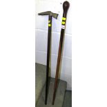 ANTIQUE HARDWOOD WALKING CANE WITH OCTAGONAL SHAFT AND POLISHED BULBOUS TOP AND ONE OTHER HARDWOOD