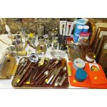 ASSORTED VINTAGE KITCHENALIA INCLUDING STAINLESS STEEL DINING WARE, CUTLERY AND UTENSILS, ETC