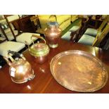 BEATEN COPPER TRAY, COPPER AND BRASS URN AND COPPER TEAPOTS