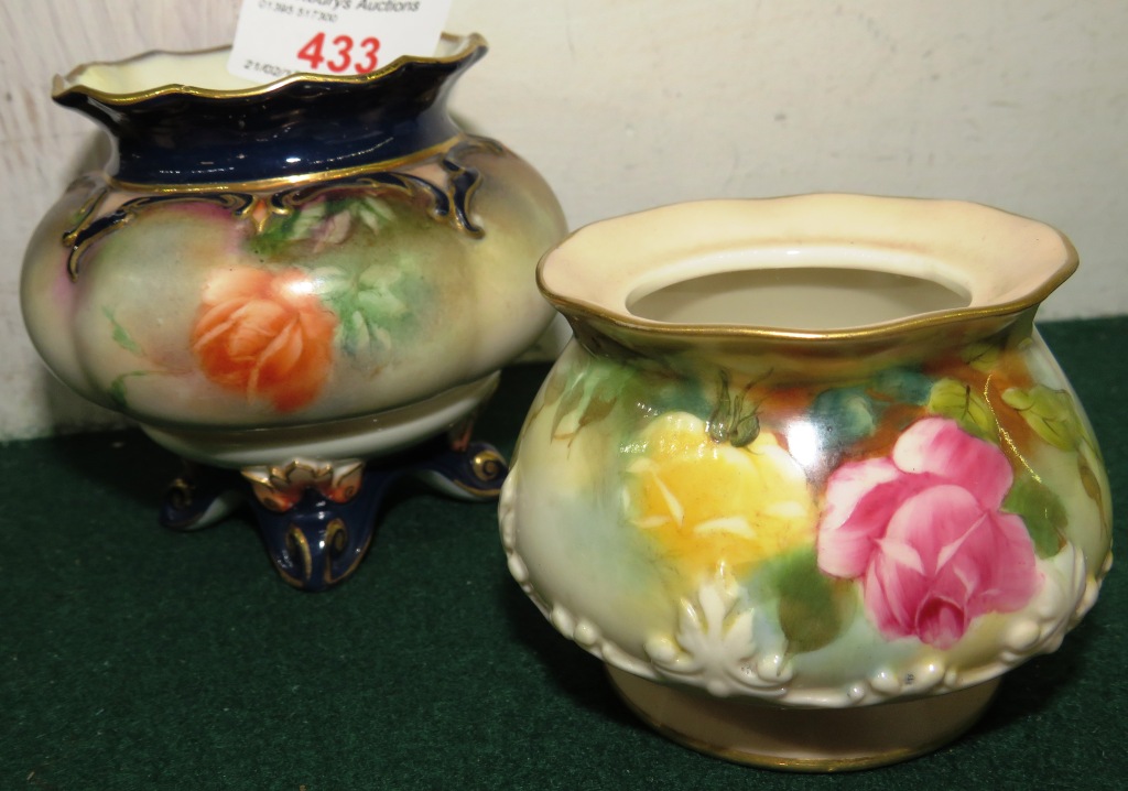 HADLEY'S WORCESTER SQUAT VASE ON FOUR FEET (A/F) AND ROYAL WORCESTER BLUSH SQUAT VASE PAINTED WITH