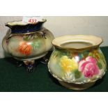 HADLEY'S WORCESTER SQUAT VASE ON FOUR FEET (A/F) AND ROYAL WORCESTER BLUSH SQUAT VASE PAINTED WITH