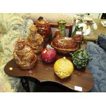 TREACLE GLAZED EGG CROCK, SIX VARIOUS DECORATIVELY MOULDED CERAMIC KITCHEN JARS, DARTMOUTH POTTERY