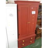 DARK PINK PAINTED PINE TWO DOOR CUPBOARD WITH TWO DRAWERS BENEATH