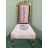 BEDROOM CHAIR IN GOLD PAINTED WOODEN FRAME WITH PINK UPHOLSTERY TO SEAT AND BACK AND TAPESTRY