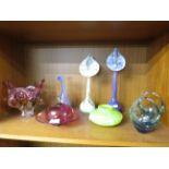 TWO ALUM BAY GLASS 'JACK IN THE PULPIT' VASES, PAIR OF GLASS BASKETS, RUBY GLASS LIDDED DISH WITH