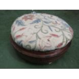 CIRCULAR VENEERED AND INLAID FOOTSTOOL WITH TAPESTRY TOP AND THREE CHINA FEET