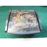 BLACK LACQUERED TRINKET BOX WITH HINGED LID AND ORIENTAL TRANSFER PATTERN