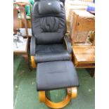 TWO BLACK LEATHER SWIVEL RECLINING ARMCHAIRS WITH MATCHING FOOTSTOOLS