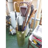 BRASS UMBRELLA STAND WITH CONTENTS OF WALKING STICKS AND UMBRELLAS