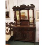 Victorian red walnut mirror back sideboard, the base with two drawers with copper handles over a