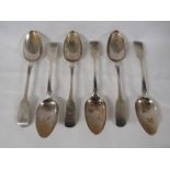 Six William IV silver fiddleback dessert spoons, marks for London, 1836, maker's stamp WE, length