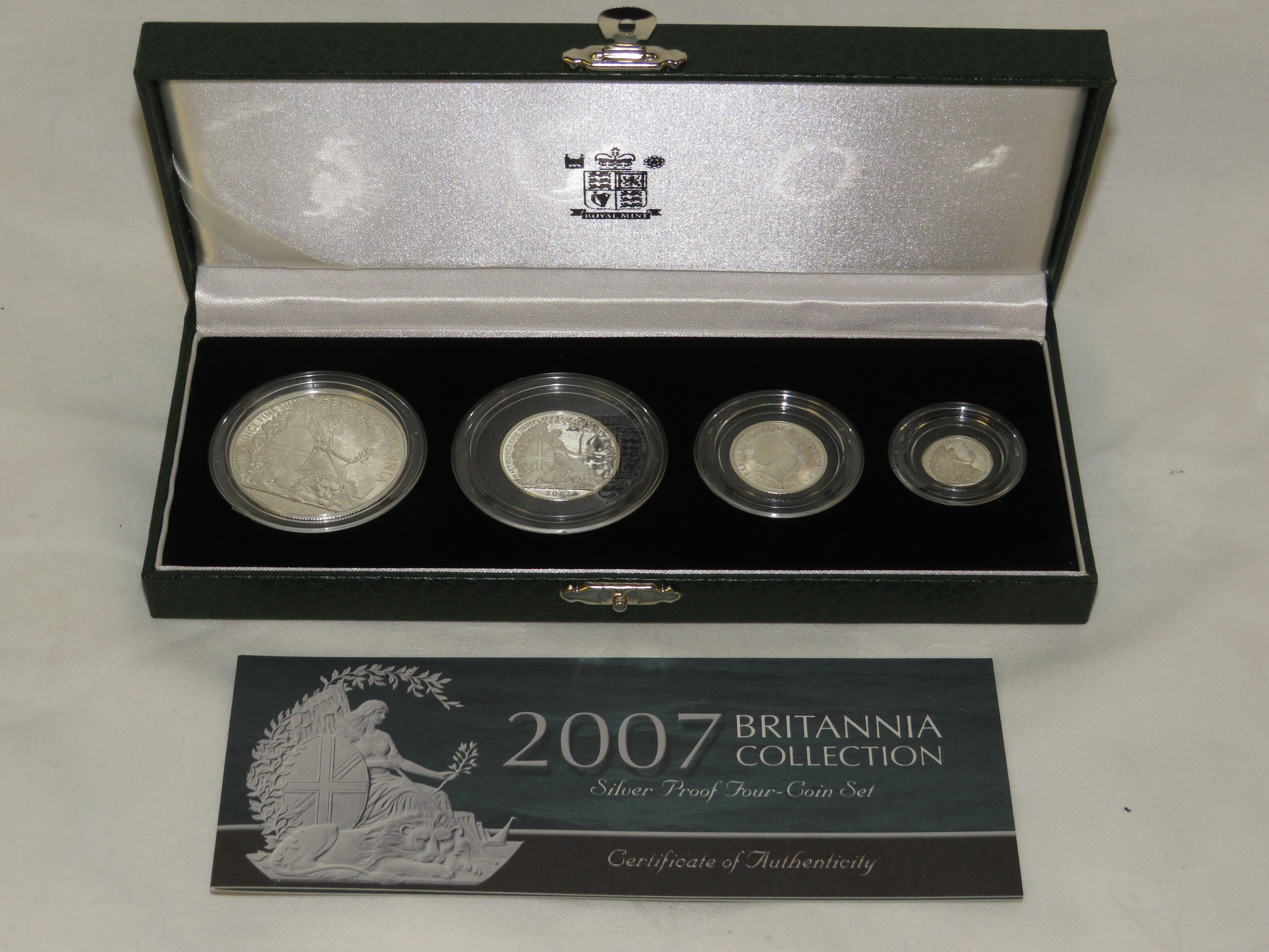 Royal Mint 2007 Britannia Collection silver proof four-coin set, Two Pounds, One Pound, Fifty