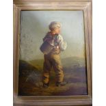 Boy carrying stone bottle in landscape, oil on panel, no signature, perhaps 19th century, (29.5cm